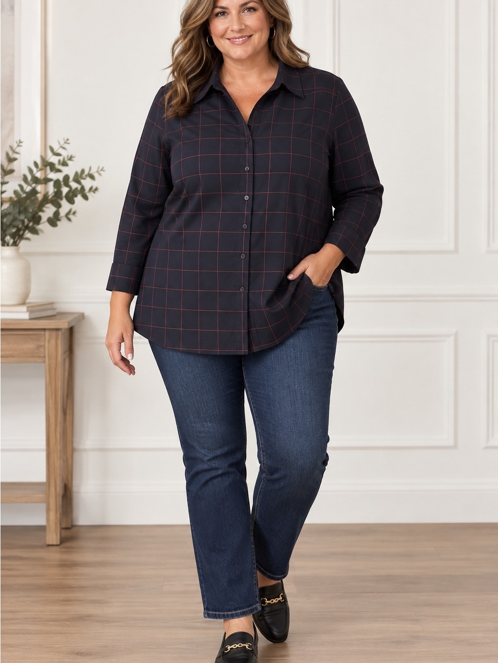 Worthington Woman’s Blouse 2X Plus Black/ Red Windowpane Button Down Career NWT